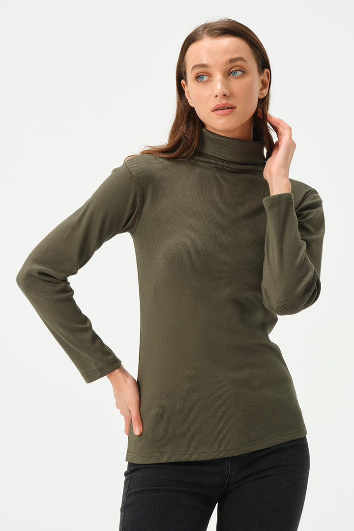 DARK GREEN RIB TURTLE NECK FOR WOMENS