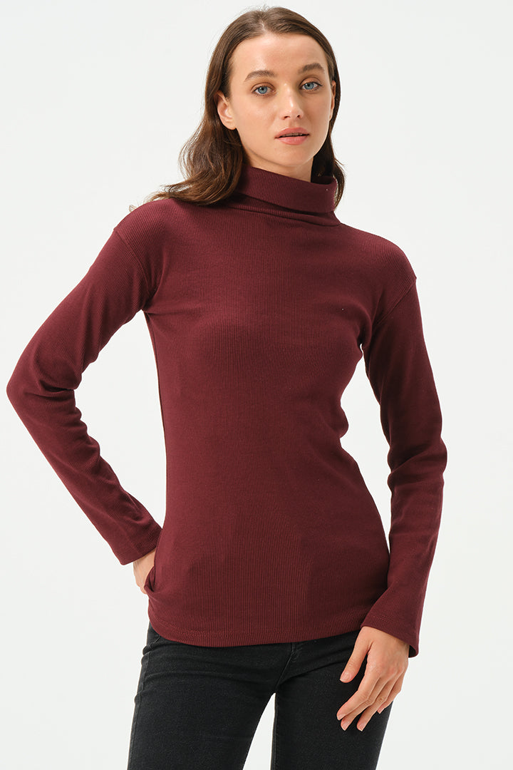 MAROON RIB TURTLE NECK FOR WOMENS