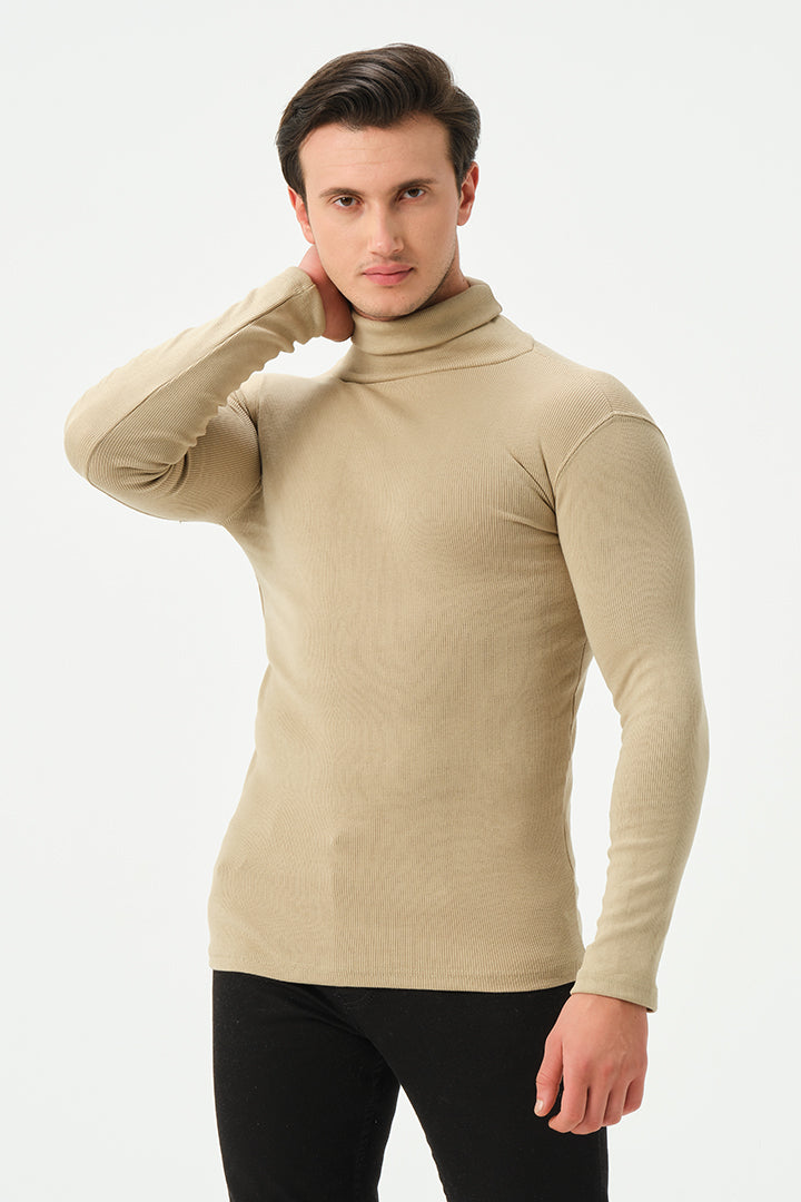 BEIGE RIB TURTLE NECK FOR MENS