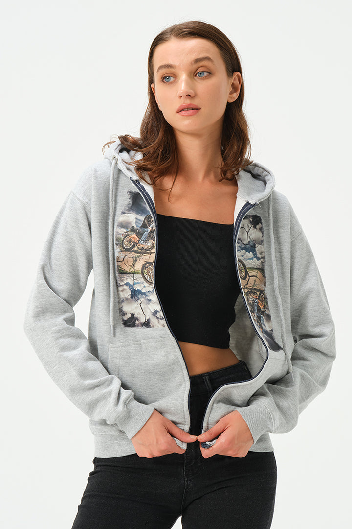 HEATHER GREY BIKER ZIPPER HOODIE FOR WOMENS